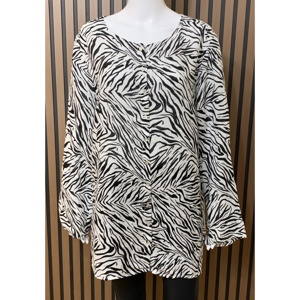 Cynthia Rowley Zebra 100% Linen Long Sleeve Button Down Tunic Lagenlook 2X
